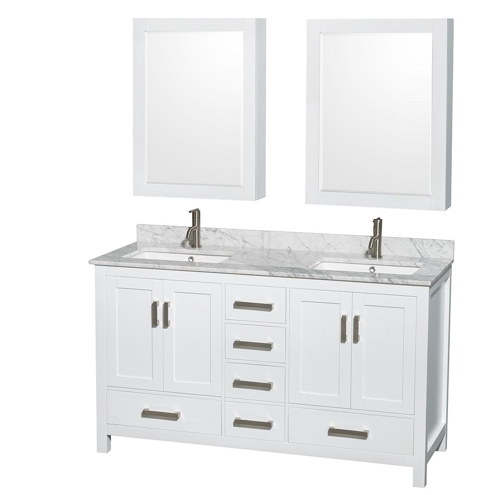 Wyndham Collection Vanity Wyndham Collection WCS141460DWHCMUNSMED Sheffield 60 Inch Double Bathroom Vanity in White, White Carrara Marble Countertop, Undermount Square Sinks, and Medicine Cabinets