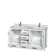 Load image into Gallery viewer, Wyndham Collection Vanity Wyndham Collection WCS141460DWHCMUNSMXX Sheffield 60 Inch Double Bathroom Vanity in White, White Carrara Marble Countertop, Undermount Square Sinks, and No Mirror