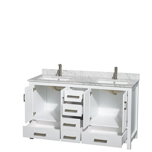Wyndham Collection Vanity Wyndham Collection WCS141460DWHCMUNSMXX Sheffield 60 Inch Double Bathroom Vanity in White, White Carrara Marble Countertop, Undermount Square Sinks, and No Mirror
