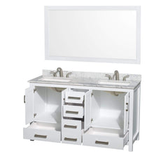 Load image into Gallery viewer, Wyndham Collection Vanity Wyndham Collection WCS141460DWHCMUS3M58 Sheffield 60 Inch Double Bathroom Vanity in White, White Carrara Marble Countertop, Undermount 3-Hole Square Sinks, 58 Inch Mirror