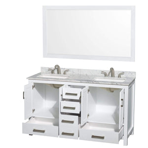 Wyndham Collection Vanity Wyndham Collection WCS141460DWHCMUS3M58 Sheffield 60 Inch Double Bathroom Vanity in White, White Carrara Marble Countertop, Undermount 3-Hole Square Sinks, 58 Inch Mirror