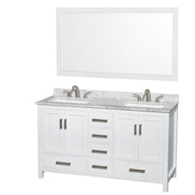 Load image into Gallery viewer, Wyndham Collection Vanity Wyndham Collection WCS141460DWHCMUS3M58 Sheffield 60 Inch Double Bathroom Vanity in White, White Carrara Marble Countertop, Undermount 3-Hole Square Sinks, 58 Inch Mirror