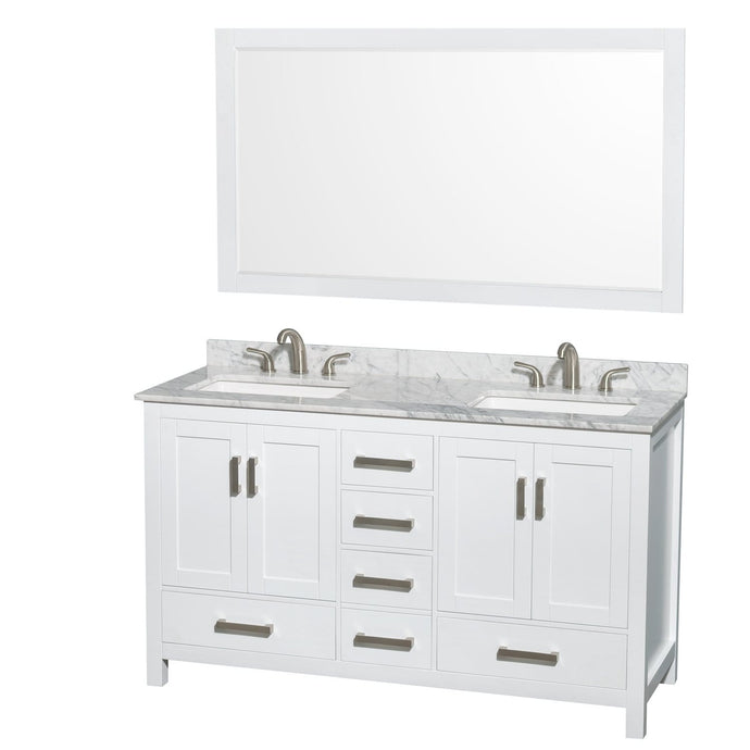 Wyndham Collection Vanity Wyndham Collection WCS141460DWHCMUS3M58 Sheffield 60 Inch Double Bathroom Vanity in White, White Carrara Marble Countertop, Undermount 3-Hole Square Sinks, 58 Inch Mirror