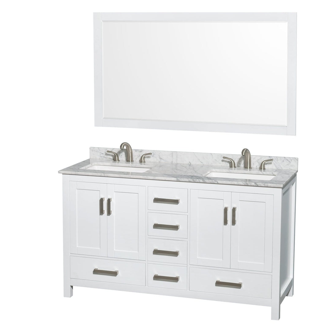 Wyndham Collection Vanity Wyndham Collection WCS141460DWHCMUS3M58 Sheffield 60 Inch Double Bathroom Vanity in White, White Carrara Marble Countertop, Undermount 3-Hole Square Sinks, 58 Inch Mirror