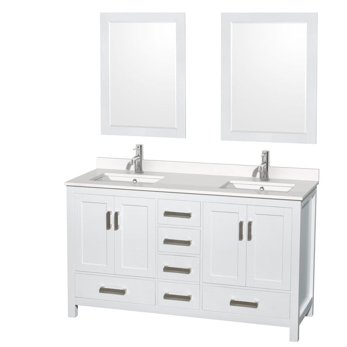 Wyndham Collection Vanity Wyndham Collection WCS141460DWHWQUNSM24 Sheffield 60 Inch Double Bathroom Vanity in White, White Quartz Countertop, Undermount Square Sinks, 24 Inch Mirrors