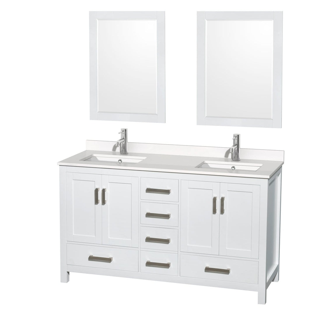 Wyndham Collection Vanity Wyndham Collection WCS141460DWHWQUNSM24 Sheffield 60 Inch Double Bathroom Vanity in White, White Quartz Countertop, Undermount Square Sinks, 24 Inch Mirrors