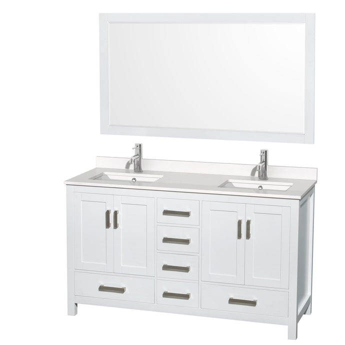 Wyndham Collection Vanity Wyndham Collection WCS141460DWHWQUNSM58 Sheffield 60 Inch Double Bathroom Vanity in White, White Quartz Countertop, Undermount Square Sinks, 58 Inch Mirror