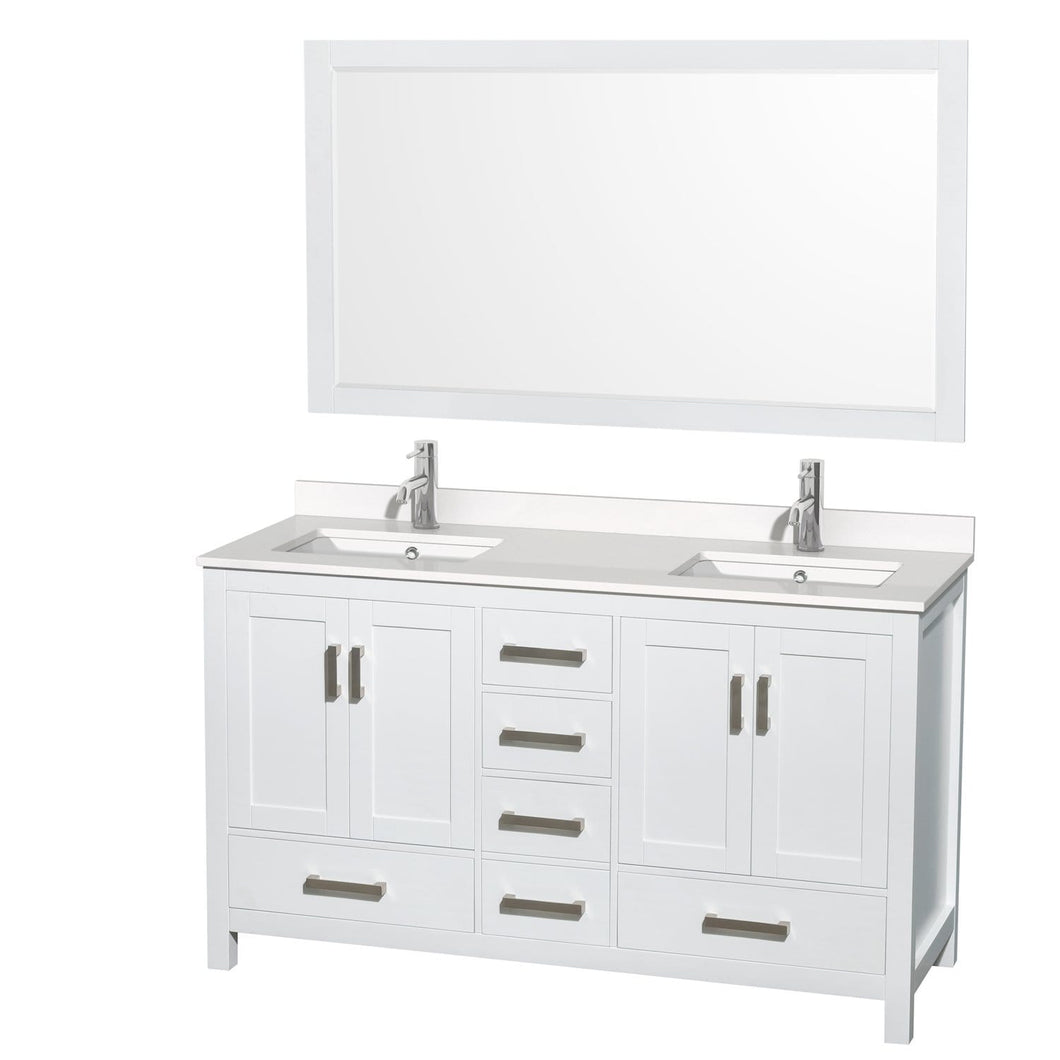 Wyndham Collection Vanity Wyndham Collection WCS141460DWHWQUNSM58 Sheffield 60 Inch Double Bathroom Vanity in White, White Quartz Countertop, Undermount Square Sinks, 58 Inch Mirror