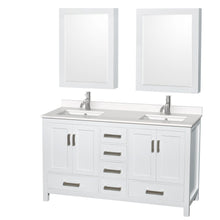 Load image into Gallery viewer, Wyndham Collection Vanity Wyndham Collection WCS141460DWHWQUNSMED Sheffield 60 Inch Double Bathroom Vanity in White, White Quartz Countertop, Undermount Square Sinks, Medicine Cabinets
