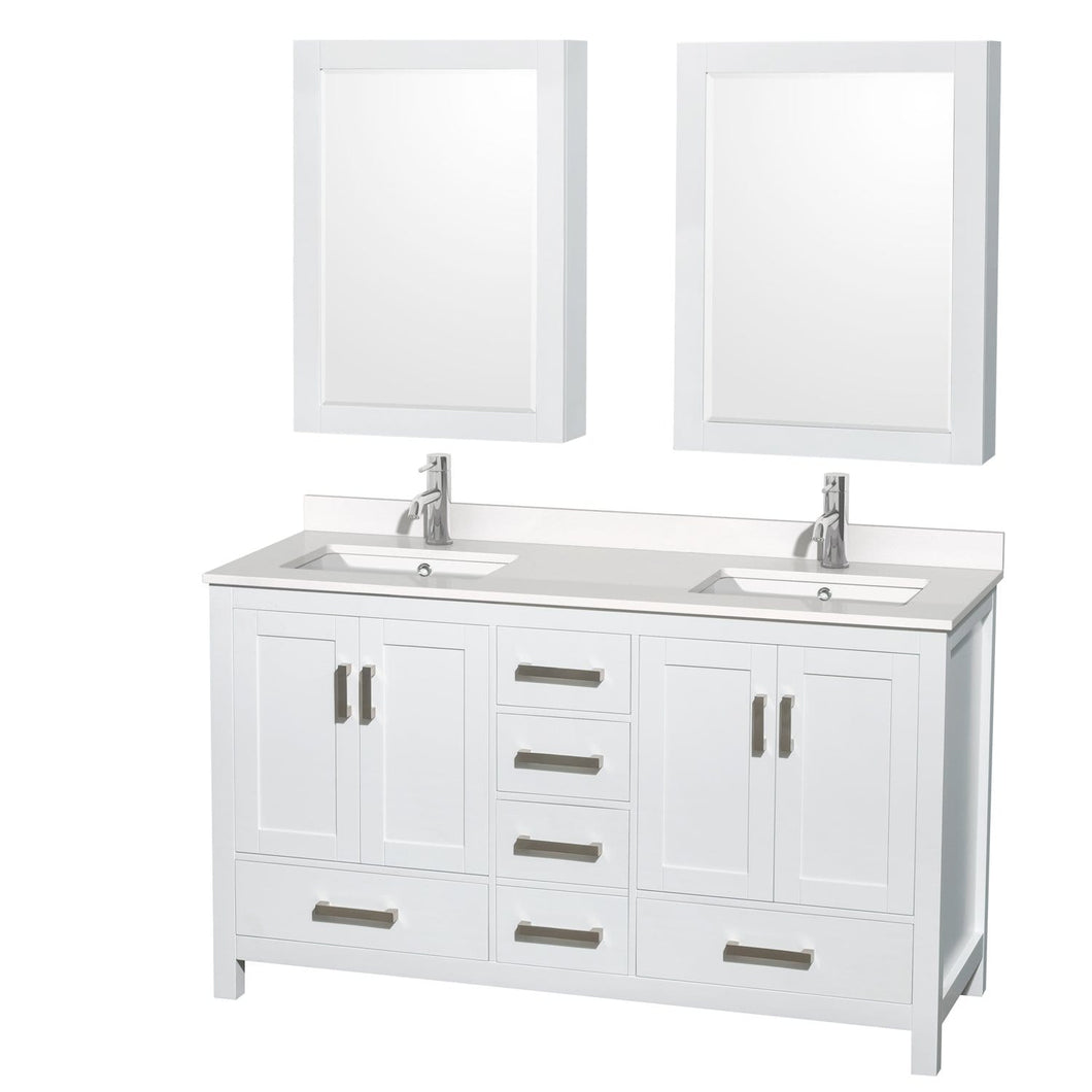 Wyndham Collection Vanity Wyndham Collection WCS141460DWHWQUNSMED Sheffield 60 Inch Double Bathroom Vanity in White, White Quartz Countertop, Undermount Square Sinks, Medicine Cabinets