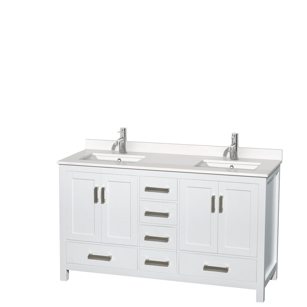 Wyndham Collection Vanity Wyndham Collection WCS141460DWHWQUNSMXX Sheffield 60 Inch Double Bathroom Vanity in White, White Quartz Countertop, Undermount Square Sinks, No Mirror