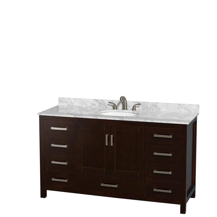 Wyndham Collection Vanity Wyndham Collection WCS141460SESCMUNOMXX Sheffield 60 Inch Single Bathroom Vanity in Espresso, White Carrara Marble Countertop, Undermount Oval Sink, and No Mirror