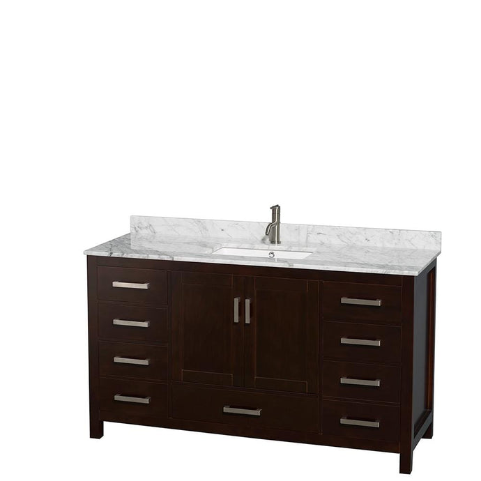 Wyndham Collection Vanity Wyndham Collection WCS141460SESCMUNSMXX Sheffield 60 Inch Single Bathroom Vanity in Espresso, White Carrara Marble Countertop, Undermount Square Sink, and No Mirror