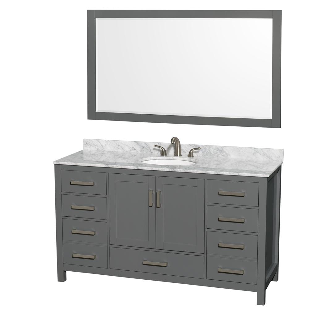 Wyndham Collection Vanity Wyndham Collection WCS141460SKGCMUNOM58 Sheffield 60 Inch Single Bathroom Vanity in Dark Gray, White Carrara Marble Countertop, Undermount Oval Sink, and 58 Inch Mirror