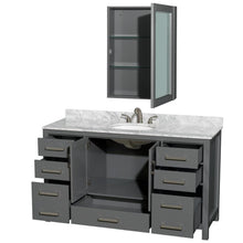Load image into Gallery viewer, Wyndham Collection Vanity Wyndham Collection WCS141460SKGCMUNOMED Sheffield 60 Inch Single Bathroom Vanity in Dark Gray, White Carrara Marble Countertop, Undermount Oval Sink, and Medicine Cabinet