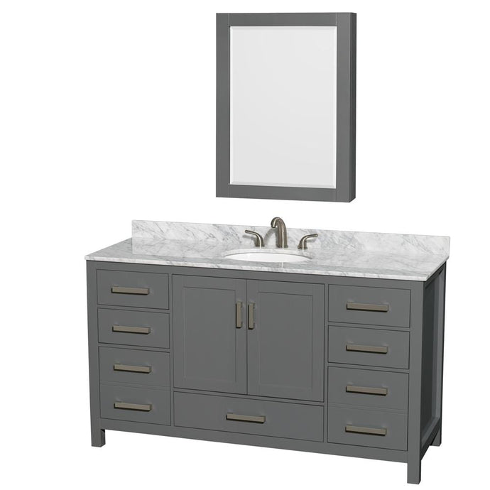 Wyndham Collection Vanity Wyndham Collection WCS141460SKGCMUNOMED Sheffield 60 Inch Single Bathroom Vanity in Dark Gray, White Carrara Marble Countertop, Undermount Oval Sink, and Medicine Cabinet