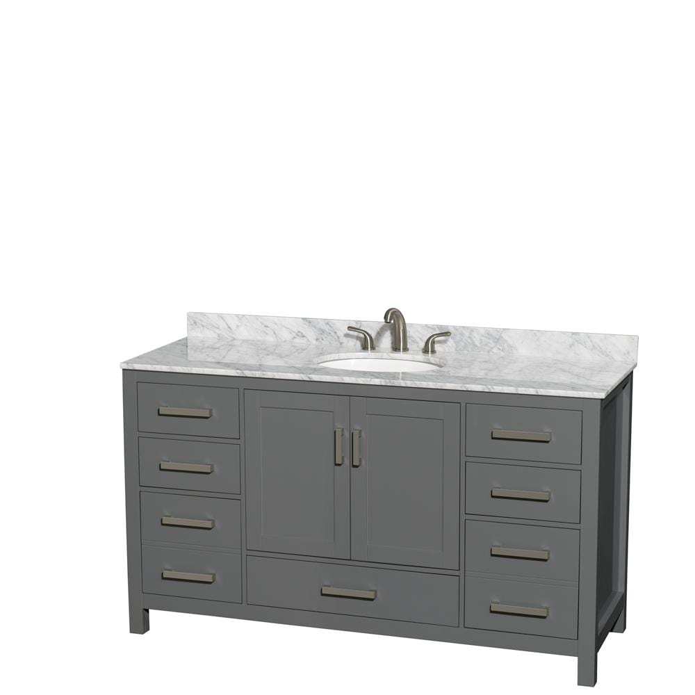 Wyndham Collection Vanity Wyndham Collection WCS141460SKGCMUNOMXX Sheffield 60 Inch Single Bathroom Vanity in Dark Gray, White Carrara Marble Countertop, Undermount Oval Sink, and No Mirror