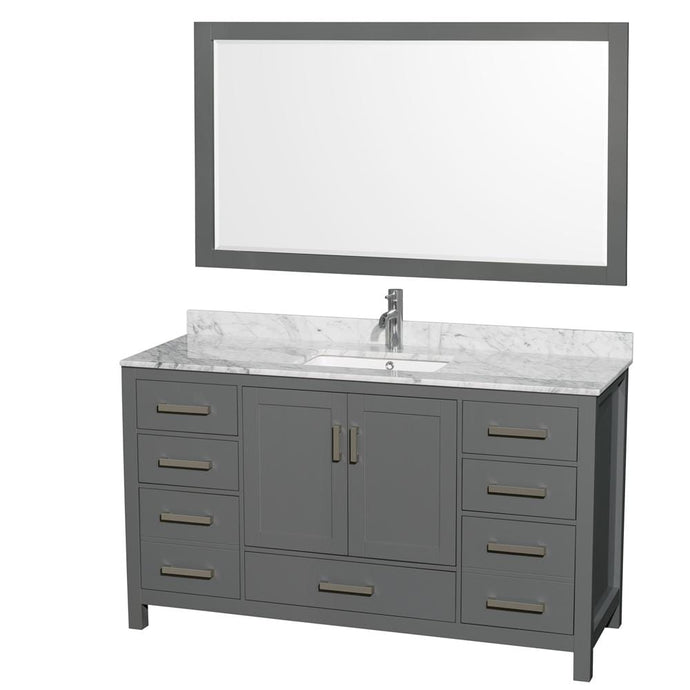 Wyndham Collection Vanity Wyndham Collection WCS141460SKGCMUNSM58 Sheffield 60 Inch Single Bathroom Vanity in Dark Gray, White Carrara Marble Countertop, Undermount Square Sink, and 58 Inch Mirror