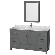 Load image into Gallery viewer, Wyndham Collection Vanity Wyndham Collection WCS141460SKGCMUNSMED Sheffield 60 Inch Single Bathroom Vanity in Dark Gray, White Carrara Marble Countertop, Undermount Square Sink, and Medicine Cabinet