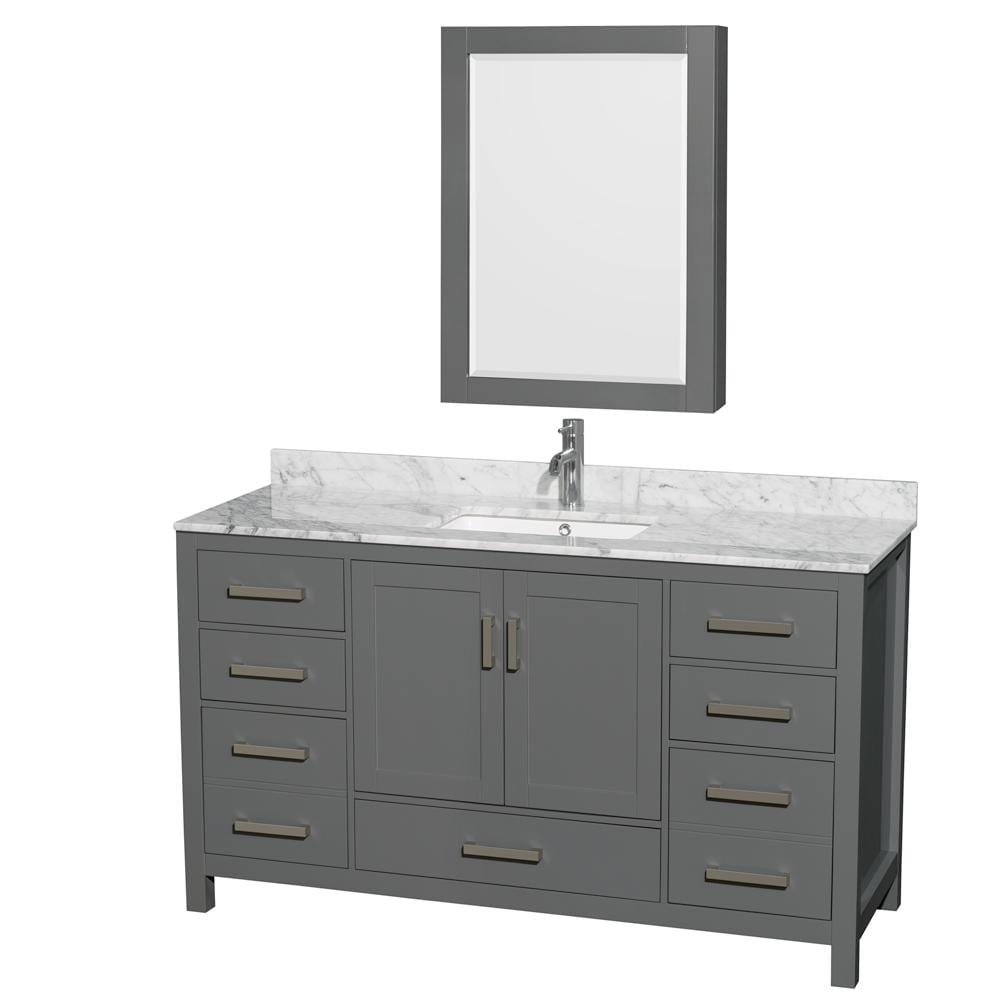 Wyndham Collection Vanity Wyndham Collection WCS141460SKGCMUNSMED Sheffield 60 Inch Single Bathroom Vanity in Dark Gray, White Carrara Marble Countertop, Undermount Square Sink, and Medicine Cabinet