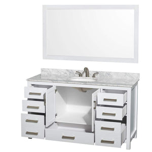 Wyndham Collection Vanity Wyndham Collection WCS141460SWHCMUNOM58 Sheffield 60 Inch Single Bathroom Vanity in White, White Carrara Marble Countertop, Undermount Oval Sink, and 58 Inch Mirror