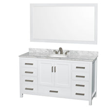 Load image into Gallery viewer, Wyndham Collection Vanity Wyndham Collection WCS141460SWHCMUNOM58 Sheffield 60 Inch Single Bathroom Vanity in White, White Carrara Marble Countertop, Undermount Oval Sink, and 58 Inch Mirror
