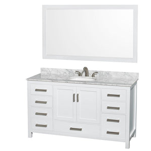 Wyndham Collection Vanity Wyndham Collection WCS141460SWHCMUNOM58 Sheffield 60 Inch Single Bathroom Vanity in White, White Carrara Marble Countertop, Undermount Oval Sink, and 58 Inch Mirror