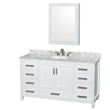 Load image into Gallery viewer, Wyndham Collection Vanity Wyndham Collection WCS141460SWHCMUNOMED Sheffield 60 Inch Single Bathroom Vanity in White, White Carrara Marble Countertop, Undermount Oval Sink, and Medicine Cabinet