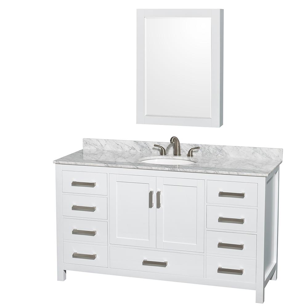 Wyndham Collection Vanity Wyndham Collection WCS141460SWHCMUNOMED Sheffield 60 Inch Single Bathroom Vanity in White, White Carrara Marble Countertop, Undermount Oval Sink, and Medicine Cabinet