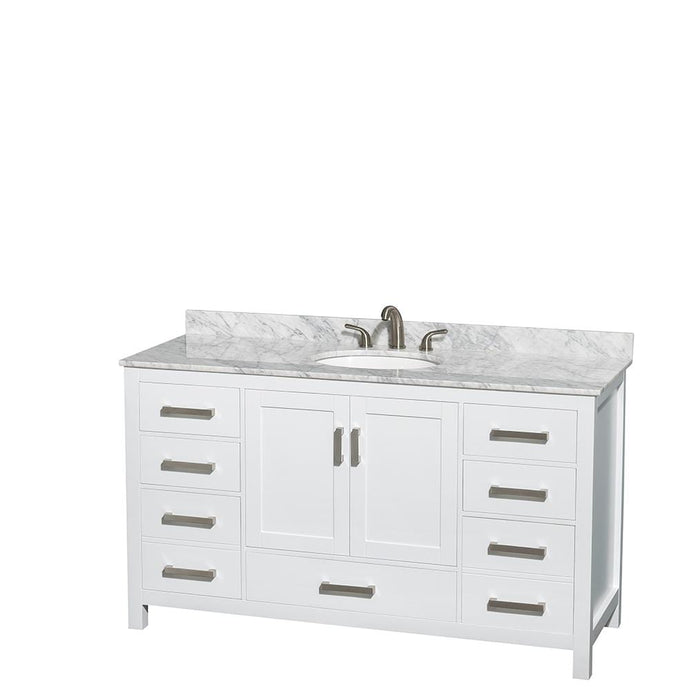 Wyndham Collection Vanity Wyndham Collection WCS141460SWHCMUNOMXX Sheffield 60 Inch Single Bathroom Vanity in White, White Carrara Marble Countertop, Undermount Oval Sink, and No Mirror