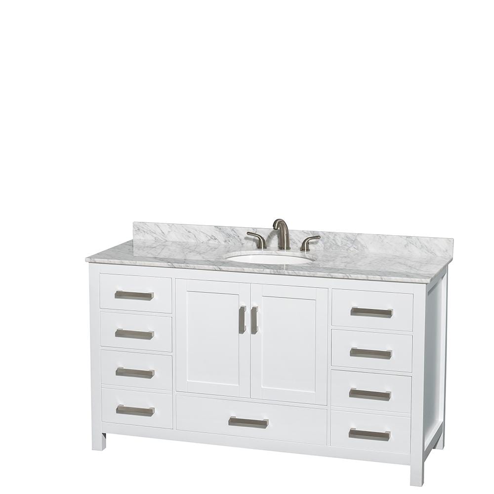 Wyndham Collection Vanity Wyndham Collection WCS141460SWHCMUNOMXX Sheffield 60 Inch Single Bathroom Vanity in White, White Carrara Marble Countertop, Undermount Oval Sink, and No Mirror