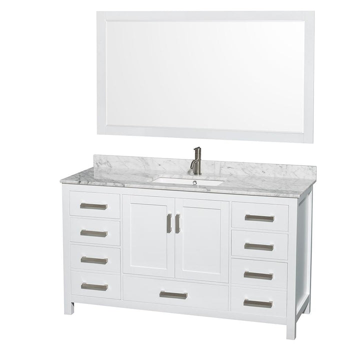 Wyndham Collection Vanity Wyndham Collection WCS141460SWHCMUNSM58 Sheffield 60 Inch Single Bathroom Vanity in White, White Carrara Marble Countertop, Undermount Square Sink, and 58 Inch Mirror