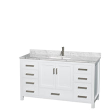 Load image into Gallery viewer, Wyndham Collection Vanity Wyndham Collection WCS141460SWHCMUNSM58 Sheffield 60 Inch Single Bathroom Vanity in White, White Carrara Marble Countertop, Undermount Square Sink, and 58 Inch Mirror