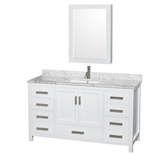 Load image into Gallery viewer, Wyndham Collection Vanity Wyndham Collection WCS141460SWHCMUNSMED Sheffield 60 Inch Single Bathroom Vanity in White, White Carrara Marble Countertop, Undermount Square Sink, and Medicine Cabinet