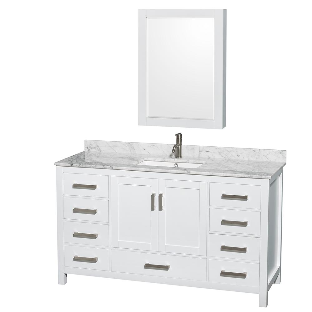 Wyndham Collection Vanity Wyndham Collection WCS141460SWHCMUNSMED Sheffield 60 Inch Single Bathroom Vanity in White, White Carrara Marble Countertop, Undermount Square Sink, and Medicine Cabinet
