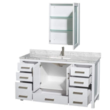 Load image into Gallery viewer, Wyndham Collection Vanity Wyndham Collection WCS141460SWHCMUNSMED Sheffield 60 Inch Single Bathroom Vanity in White, White Carrara Marble Countertop, Undermount Square Sink, and Medicine Cabinet