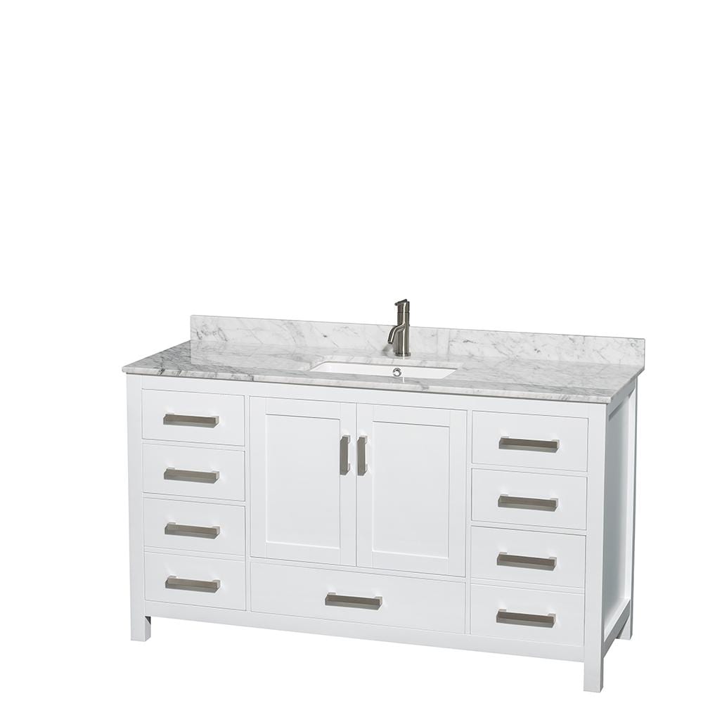 Wyndham Collection Vanity Wyndham Collection WCS141460SWHCMUNSMXX Sheffield 60 Inch Single Bathroom Vanity in White, White Carrara Marble Countertop, Undermount Square Sink, and No Mirror