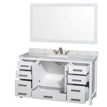 Load image into Gallery viewer, Wyndham Collection Vanity Wyndham Collection WCS141460SWHCMUS3M58 Sheffield 60 Inch Single Bathroom Vanity in White, White Carrara Marble Countertop, Undermount 3-Hole Square Sink, 58 Inch Mirror