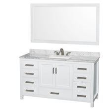 Load image into Gallery viewer, Wyndham Collection Vanity Wyndham Collection WCS141460SWHCMUS3M58 Sheffield 60 Inch Single Bathroom Vanity in White, White Carrara Marble Countertop, Undermount 3-Hole Square Sink, 58 Inch Mirror