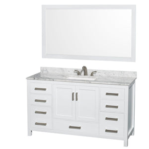 Wyndham Collection Vanity Wyndham Collection WCS141460SWHCMUS3M58 Sheffield 60 Inch Single Bathroom Vanity in White, White Carrara Marble Countertop, Undermount 3-Hole Square Sink, 58 Inch Mirror
