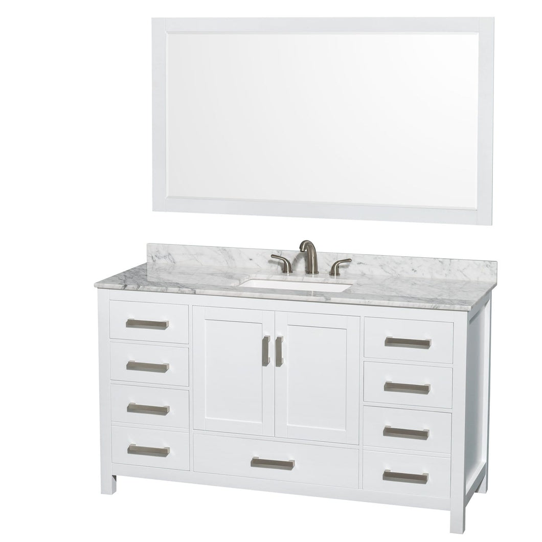 Wyndham Collection Vanity Wyndham Collection WCS141460SWHCMUS3M58 Sheffield 60 Inch Single Bathroom Vanity in White, White Carrara Marble Countertop, Undermount 3-Hole Square Sink, 58 Inch Mirror