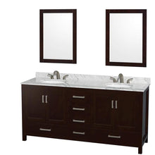 Load image into Gallery viewer, Wyndham Collection Vanity Wyndham Collection WCS141472DESCMUNOM24 Sheffield 72 Inch Double Bathroom Vanity in Espresso, White Carrara Marble Countertop, Undermount Oval Sinks, and 24 Inch Mirrors