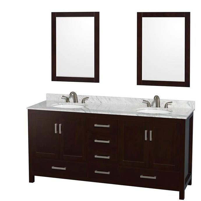 Wyndham Collection Vanity Wyndham Collection WCS141472DESCMUNOM24 Sheffield 72 Inch Double Bathroom Vanity in Espresso, White Carrara Marble Countertop, Undermount Oval Sinks, and 24 Inch Mirrors