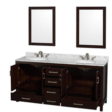 Load image into Gallery viewer, Wyndham Collection Vanity Wyndham Collection WCS141472DESCMUNOM24 Sheffield 72 Inch Double Bathroom Vanity in Espresso, White Carrara Marble Countertop, Undermount Oval Sinks, and 24 Inch Mirrors