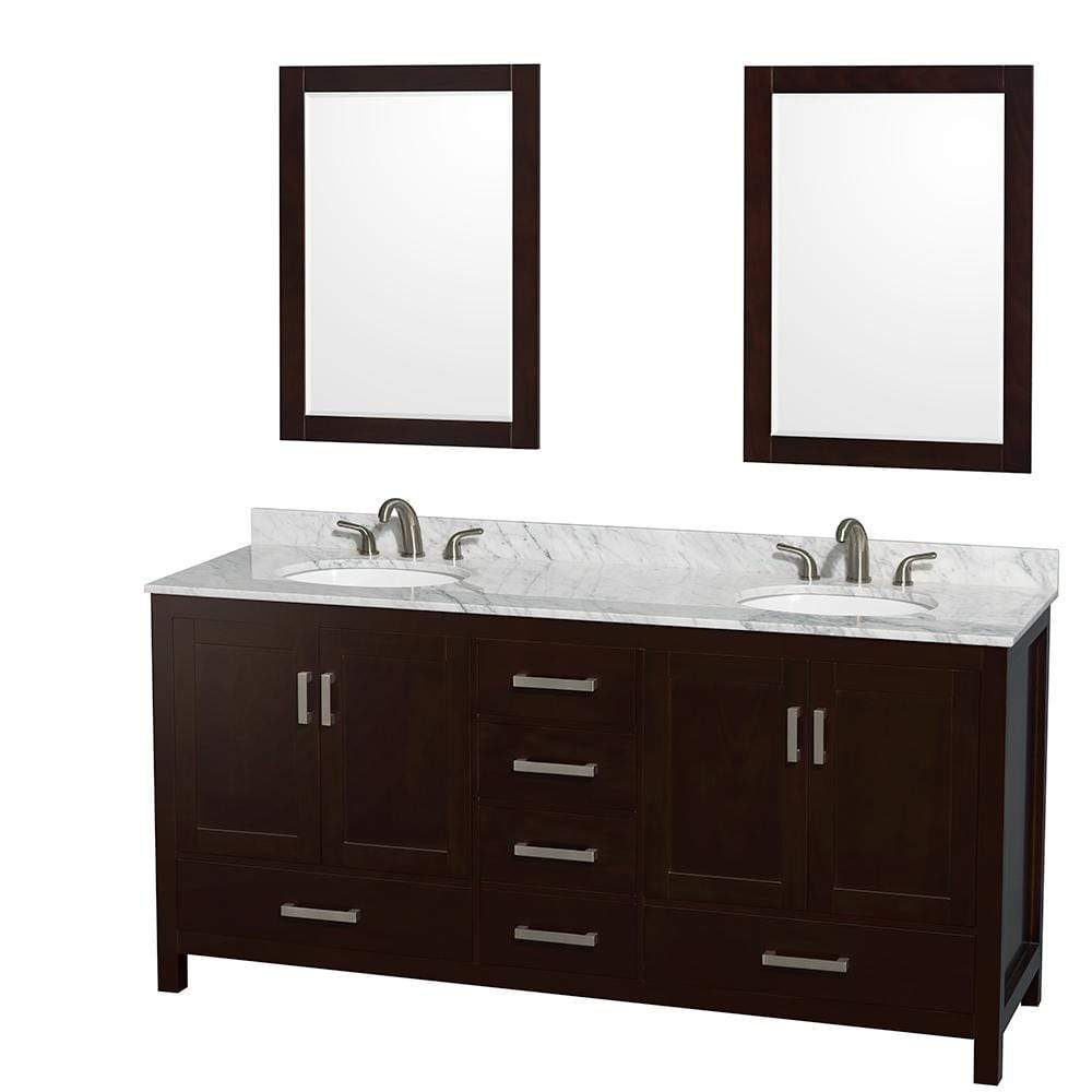 Wyndham Collection Vanity Wyndham Collection WCS141472DESCMUNOM24 Sheffield 72 Inch Double Bathroom Vanity in Espresso, White Carrara Marble Countertop, Undermount Oval Sinks, and 24 Inch Mirrors