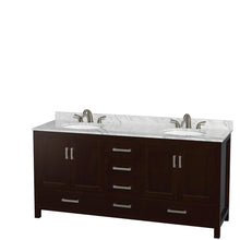 Load image into Gallery viewer, Wyndham Collection Vanity Wyndham Collection WCS141472DESCMUNOM24 Sheffield 72 Inch Double Bathroom Vanity in Espresso, White Carrara Marble Countertop, Undermount Oval Sinks, and 24 Inch Mirrors