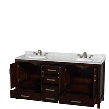 Load image into Gallery viewer, Wyndham Collection Vanity Wyndham Collection WCS141472DESCMUNOMXX Sheffield 72 Inch Double Bathroom Vanity in Espresso, White Carrara Marble Countertop, Undermount Oval Sinks, and No Mirror