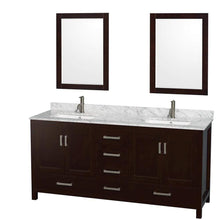 Load image into Gallery viewer, Wyndham Collection Vanity Wyndham Collection WCS141472DESCMUNSM24 Sheffield 72 Inch Double Bathroom Vanity in Espresso, White Carrara Marble Countertop, Undermount Square Sinks, and 24 Inch Mirrors