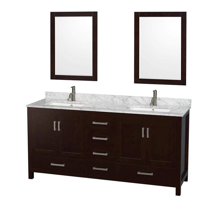 Wyndham Collection Vanity Wyndham Collection WCS141472DESCMUNSM24 Sheffield 72 Inch Double Bathroom Vanity in Espresso, White Carrara Marble Countertop, Undermount Square Sinks, and 24 Inch Mirrors
