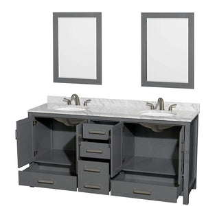 Wyndham Collection Vanity Wyndham Collection WCS141472DKGCMUNOM24 Sheffield 72 Inch Double Bathroom Vanity in Dark Gray, White Carrara Marble Countertop, Undermount Oval Sinks, and 24 Inch Mirrors
